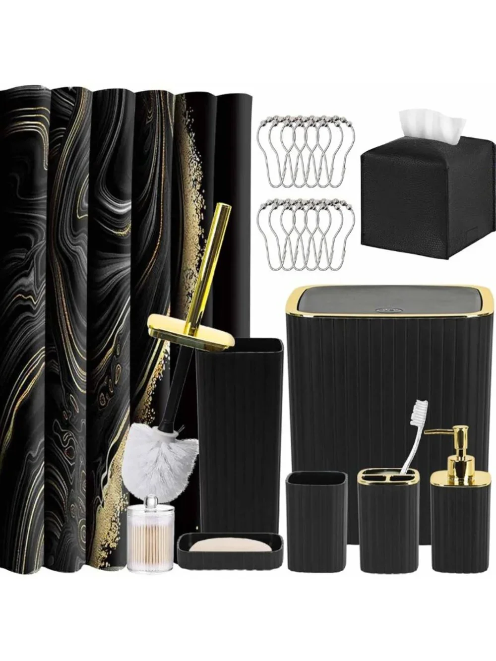 Stylish 21PC Black Bathroom Accessories Set - Shower Curtain, Rugs, Soap